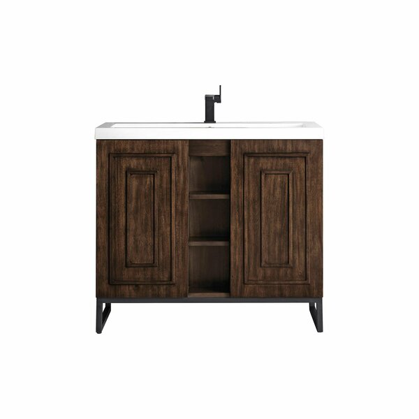 James Martin Vanities Alicante 39.5in Single Vanity, Mid-Century Acacia, Matte Black w/ White Glossy Composite Stone Top E110V39.5MCAMBKWG